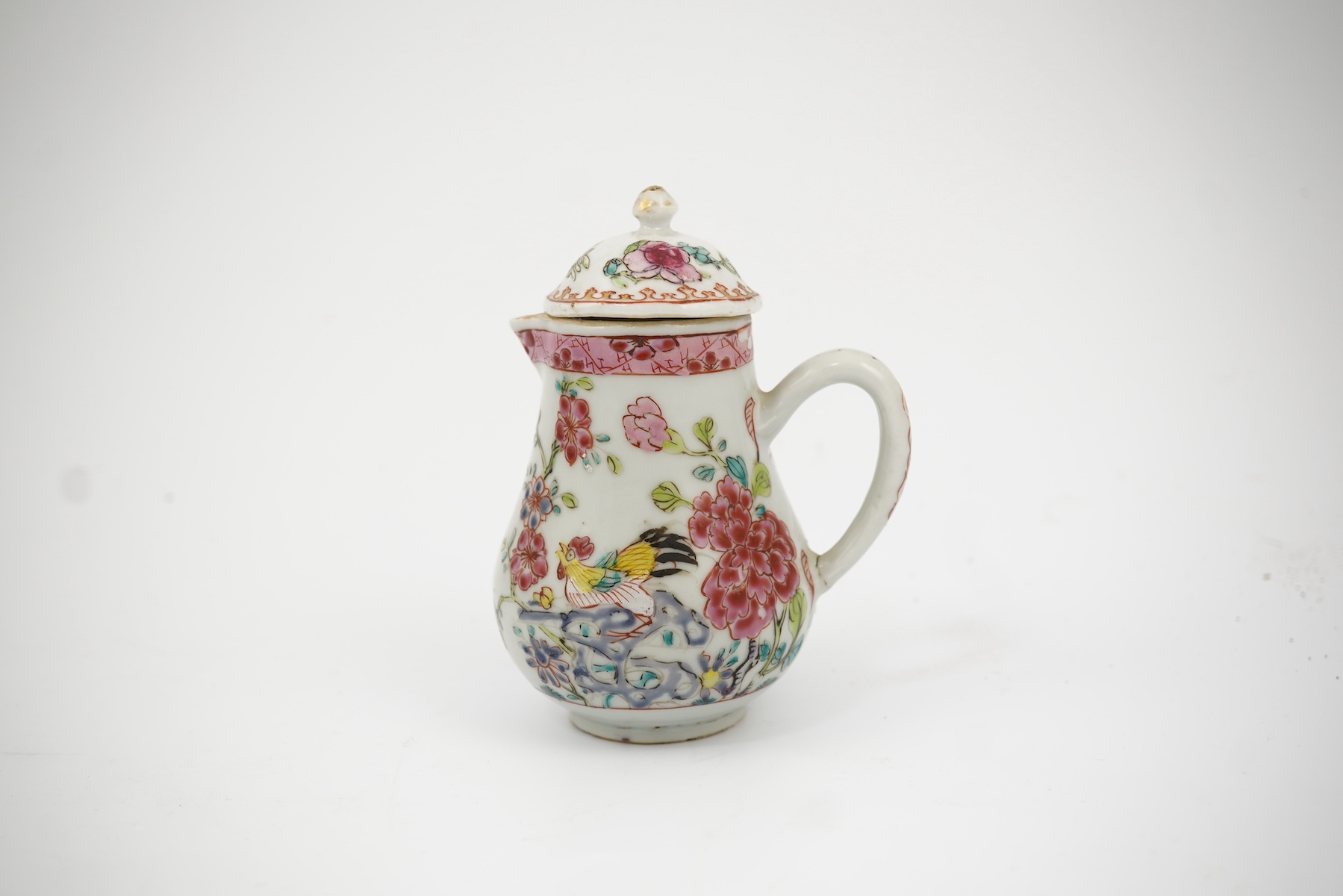 A Chinese famille rose ‘cockerel’ cream jug and cover, Yongzheng period